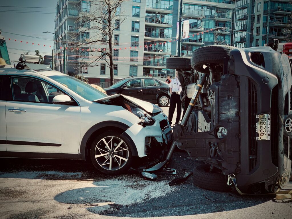 Two cars after a collision on a California road