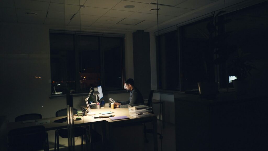 Salaried employee working late hours at the office