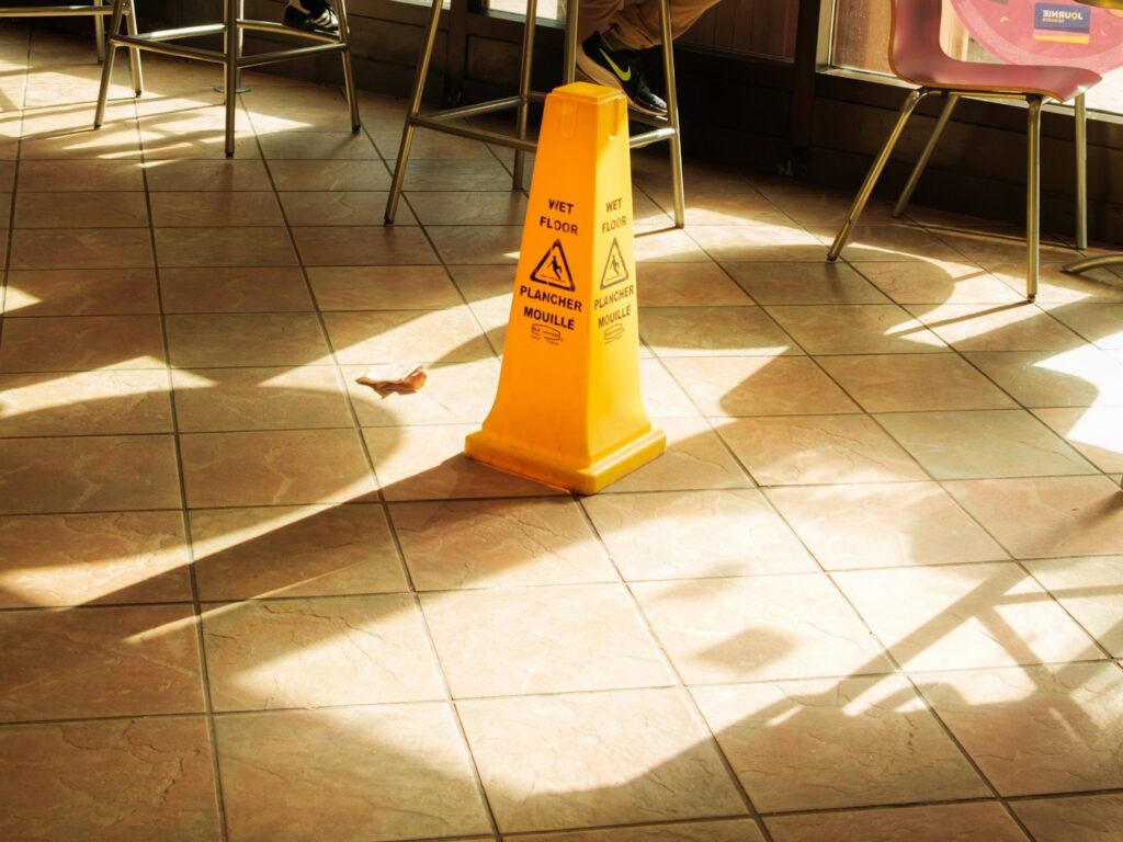 Wet floor caution sign in a store